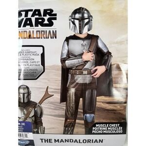 StarWars Mandalorian Costume Kids Size 8 Year Jazwares Muscle Chest Mask & Cape